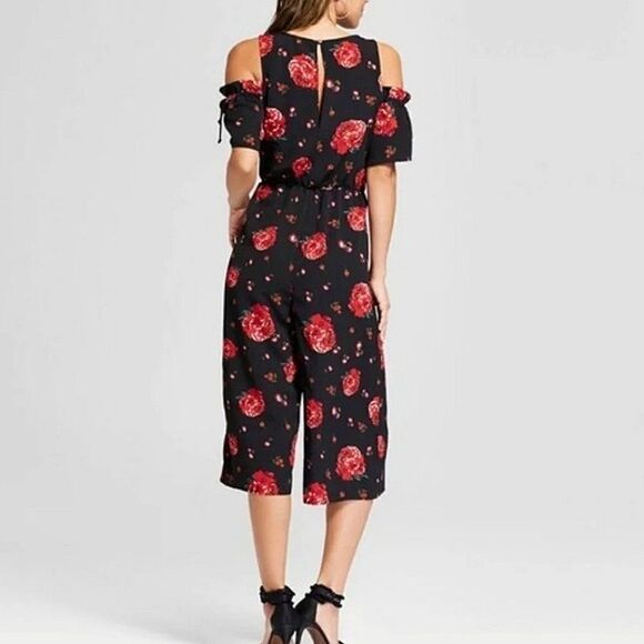 Xhilaration Women's Black Red Floral Cold Shoulder One Piece Ruffle Jumpsuit - Picture 2 of 16
